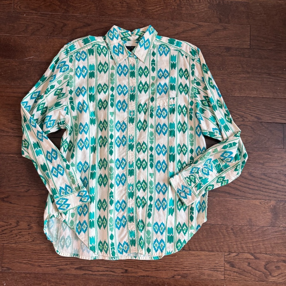 Liz Claiborne Green and Blue Patterned Button Down Western Shirt